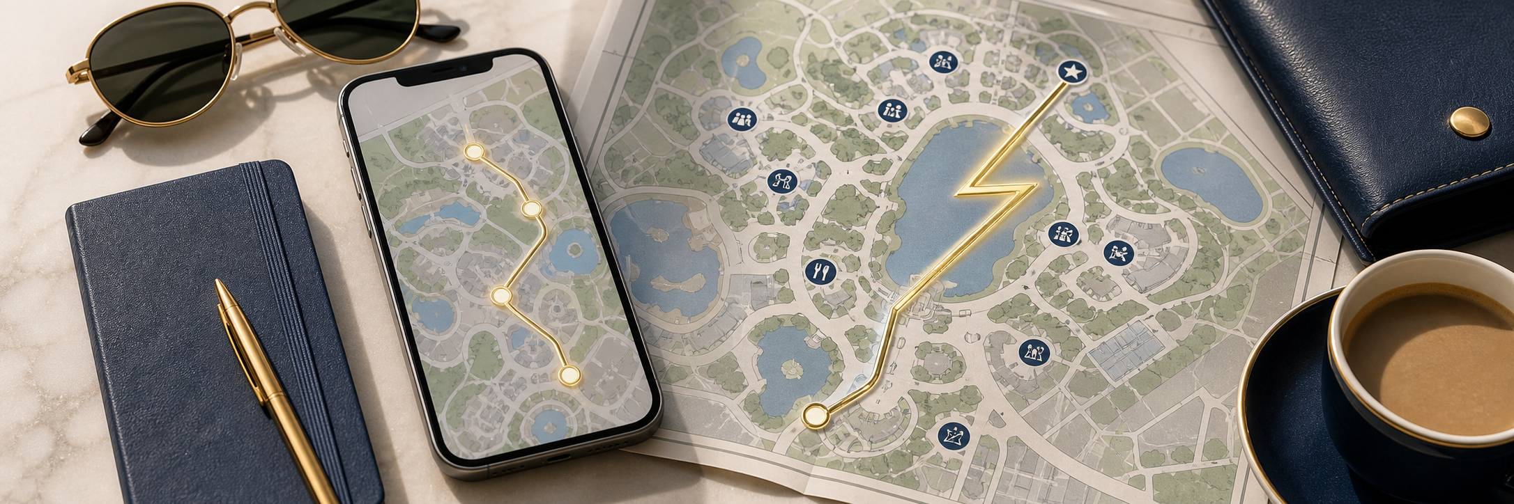 Stylized travel planning desk with a park map, phone, notebook, and coffee